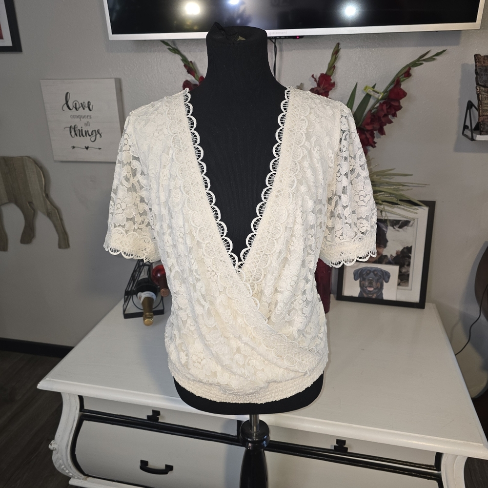 Torrid Cream Lace Wrap Top